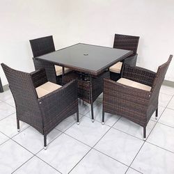 (Brand New) $250 (5pcs) Wicker Dining Set Outdoor Patio Furniture 35x35” Glass Table with Umbrella Cutout, 4 Chairs