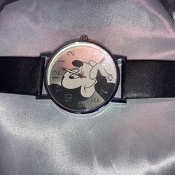 Disney Micky Mouse Silver Watch With Black Leather Band