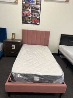 Pink Upholstered Bed Frame with Mattress