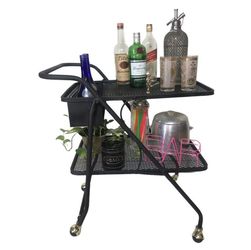 SALTERINI Vintage Mid-Century Metal Mesh Bar Cart Rolling Two-Tier Patio Outdoor Party Server Foldable Garden Cart