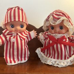 Pair of Vintage Kewpie Dolls with Holiday Pajamas about 7.5” x 5.5”