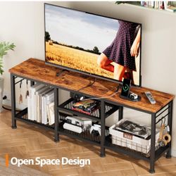 TV Stand with Power Outlets, Entertainment Center with Open Storage Shelves for TVs up to 55 Inch, Media Console Table with Soundbar Shelf for Living 