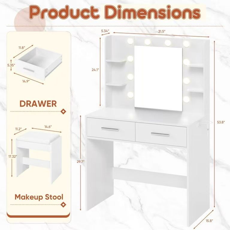 Makeup Vanity Table and Chair Set with 3 Modes Adjustable Lights and Mirror Vanity Desk with Shelves and Drawer, White $120