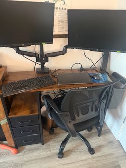Wood and Metal Computer Desk with Drawers