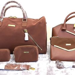 JOY & IMAN Luxe Velvet Leather Brown travel Bag, 2 Makeup Bags, Purse & Satchel