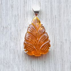 Carved Amber Leaf Sterling Silver Necklace 2” Pendant