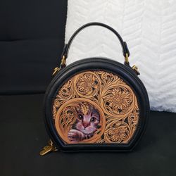 Round Cat faux leather double zip purse