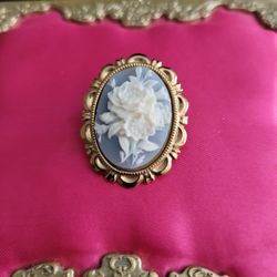 Vintage Blue White Floral Cameo Brooch Pin Goldtone Setting 1"×1.25" Small F8