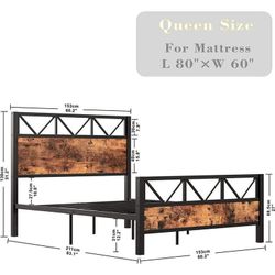 LIKIMIO Queen Bed Frame, Tall Industrial Headboard 51.2", Platform Bed Frame Queen with Strong Metal Support, Solid and Stable, Noise Free, No Box Spr