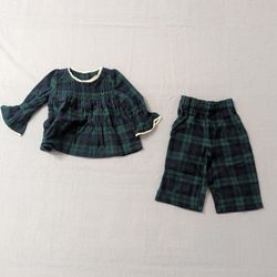 Baby Girl Green & Black Plaid Ruffle Outfit – Lace Trim Top & Pants Set