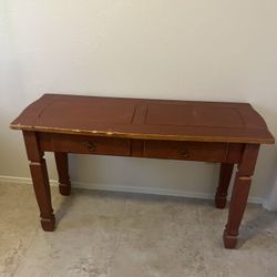 Rustic red wooden console table with two drawers