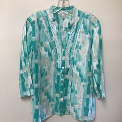Women’s JM COLLECTION 100% linen 3/4 sleeve button front top… Size 10