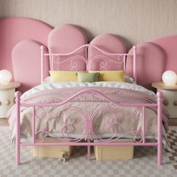 Full Size Metal Bed With Butterfly Pattern Design Headboard And Footboard