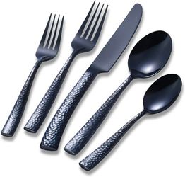 Flatasy Silverware Set Black Hammered Pattern Flatware Cutlery Stainless Steel Utensil 20 Pieces Spoons Forks and Knives Service for 4

