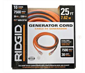 RIDGID 25 ft. 10/4 Heavy Duty Outdoor L14-30 Amp Generator Extension Cord with Lighted End, Orange/Grey