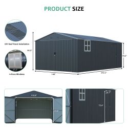 Upgraded 13x20FT Outdoor Storage Shed, Large Metal Garage Shed with Two Windows and Two Translucent Panels for Car, Truck, Bike, Lawnmower, Backyard T
