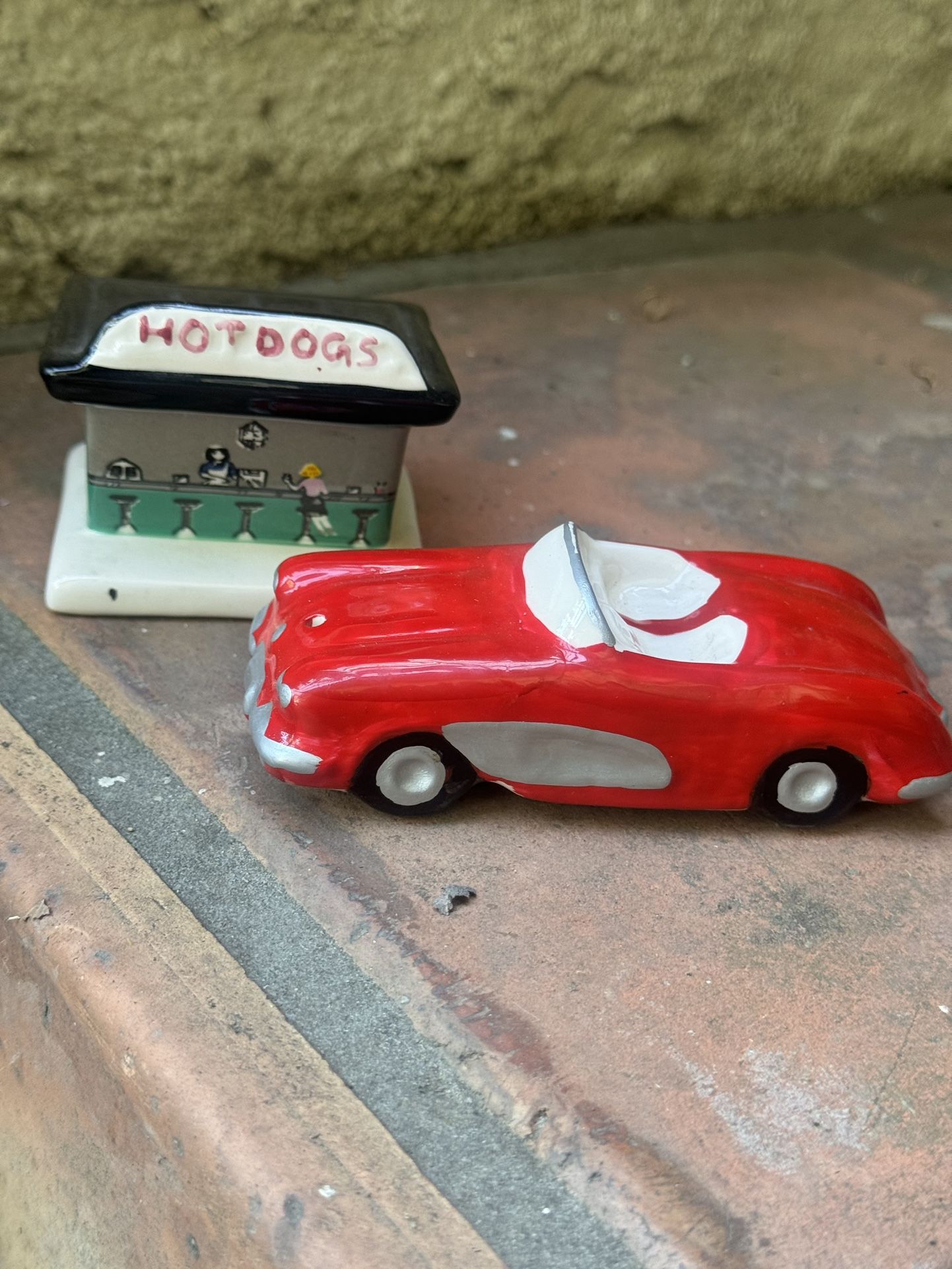 Vintage 1957 Sports Corvette Chevy Car and Drive Inn salt and pepper Shaker