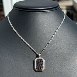 EFFY Jewelry .925 sterling silver 14k gold plated Cuban link chain necklace 22.00” Dog Tag Black Spinel stone 1.50CTW pendant charm