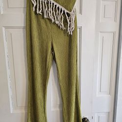 Olive Green Crinkled Fabric Two-Piece Set with Fringe Detail