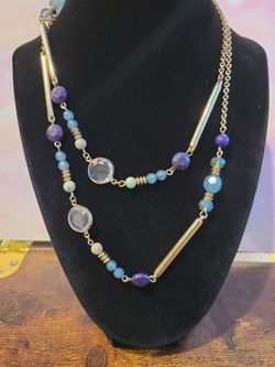Casual Necklace Purple and Blue Beaded Goldtone Chain Bar Links 36"+2" Extender F12 