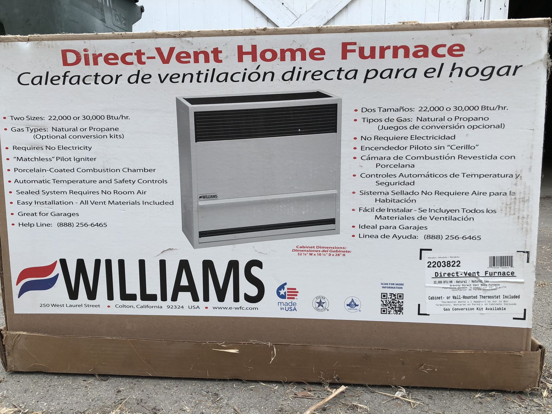 Home furnace, Williams, ( brand new) model 22,000 BTU/Hr - Natural/ Natural Gas. Thermostat included