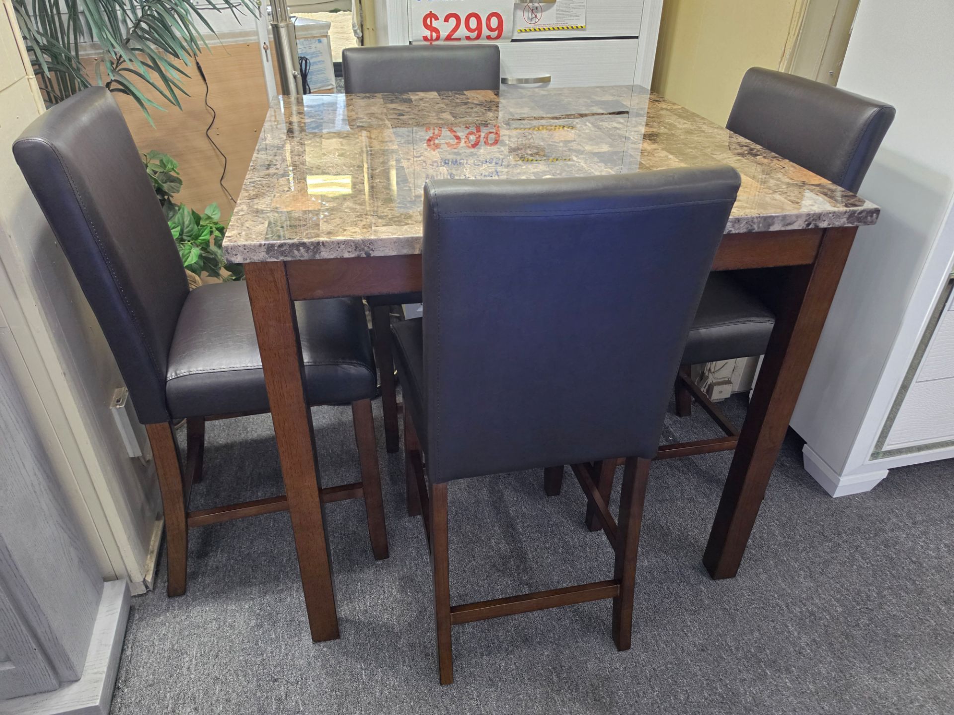 Brand new brown faux marble dining table (42"×42"×36"H) + 4 brown faux leather chairs