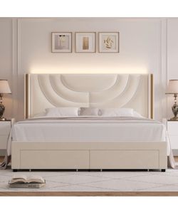 Full size bed frame with light and storage drawers milkywhite