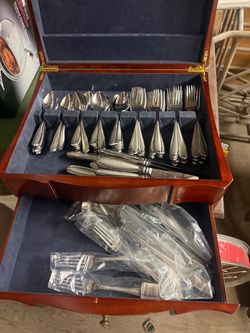 Silver Flatware Set in Wooden Storage Chest