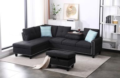Dark Gray Sectional Couch w/ Storage Ottoman 99” – $569