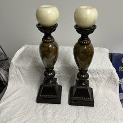 Marble And Wood Candle Holders Set Of 2
