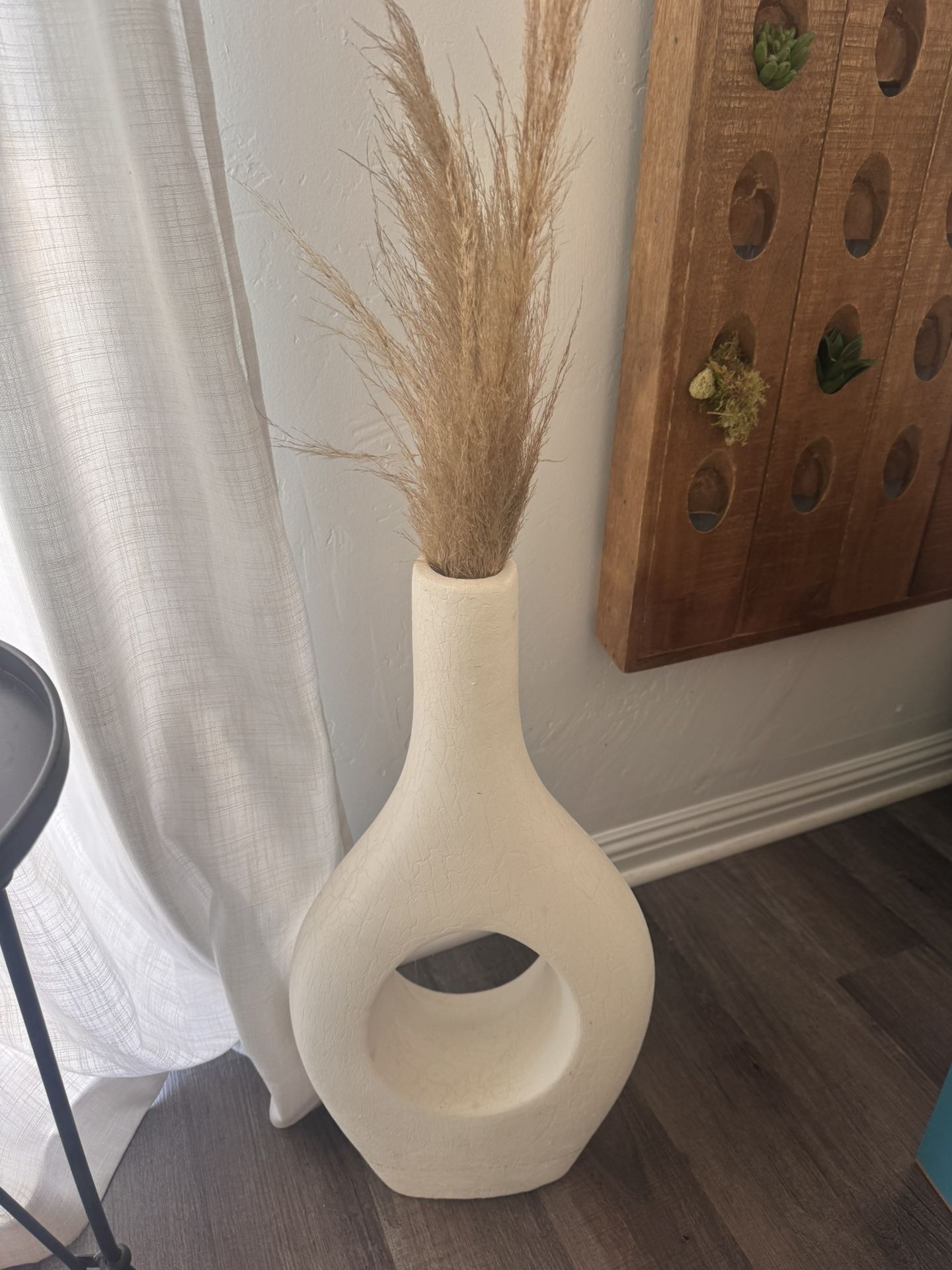 Modern Textured White Floor Vase with Dried Pampas