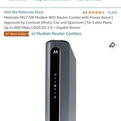 Motorola MG7700 Modem WiFi Router Combo with Power Boost | Approved by Comcast Xfinity, Cox and Spectrum | for Cable Plans Up to 800 Mbps | DOCSIS 3.0