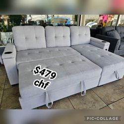 84"W Gray Woven Fabric Reversible Sleeper Sectional Sofa with Storage Chaise, Storage Arm, Cup Holder, Charging Ports, Side Pockets, and Pocket Coil S