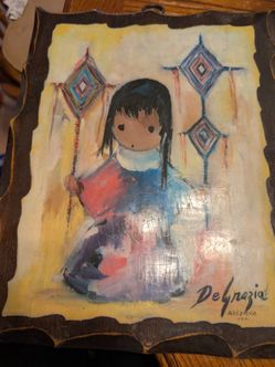 vintage laminated wood wall plaque  Arizona artist Ettore "Ted" DeGrazia (1909–1982).