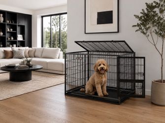 36.4" Heavy-Duty Dog Crate, Feeding Door, Double Doors Escape-Proof Metal Kennel, Removable Tray, M-8