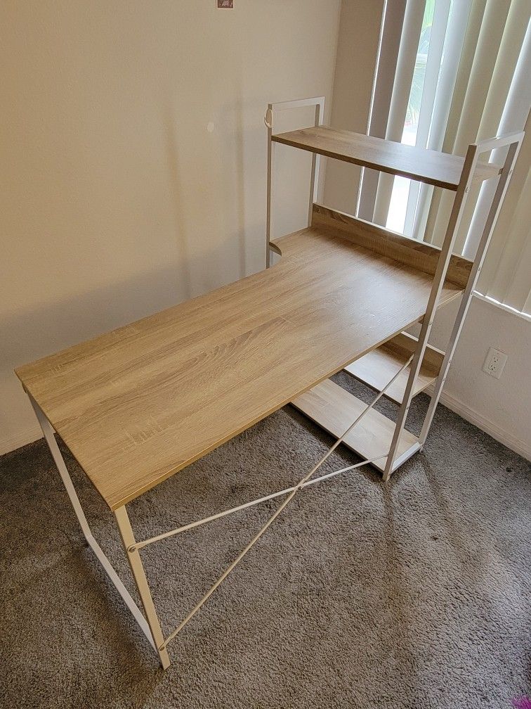 Desk with built in shelves, white metal with oak wood veneer