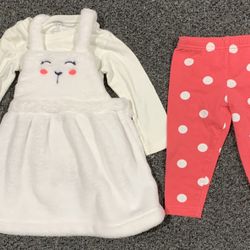 Carters 12 month white fleece bunny jumper dress, shirt, pink polka dot leggings Easter outfit 