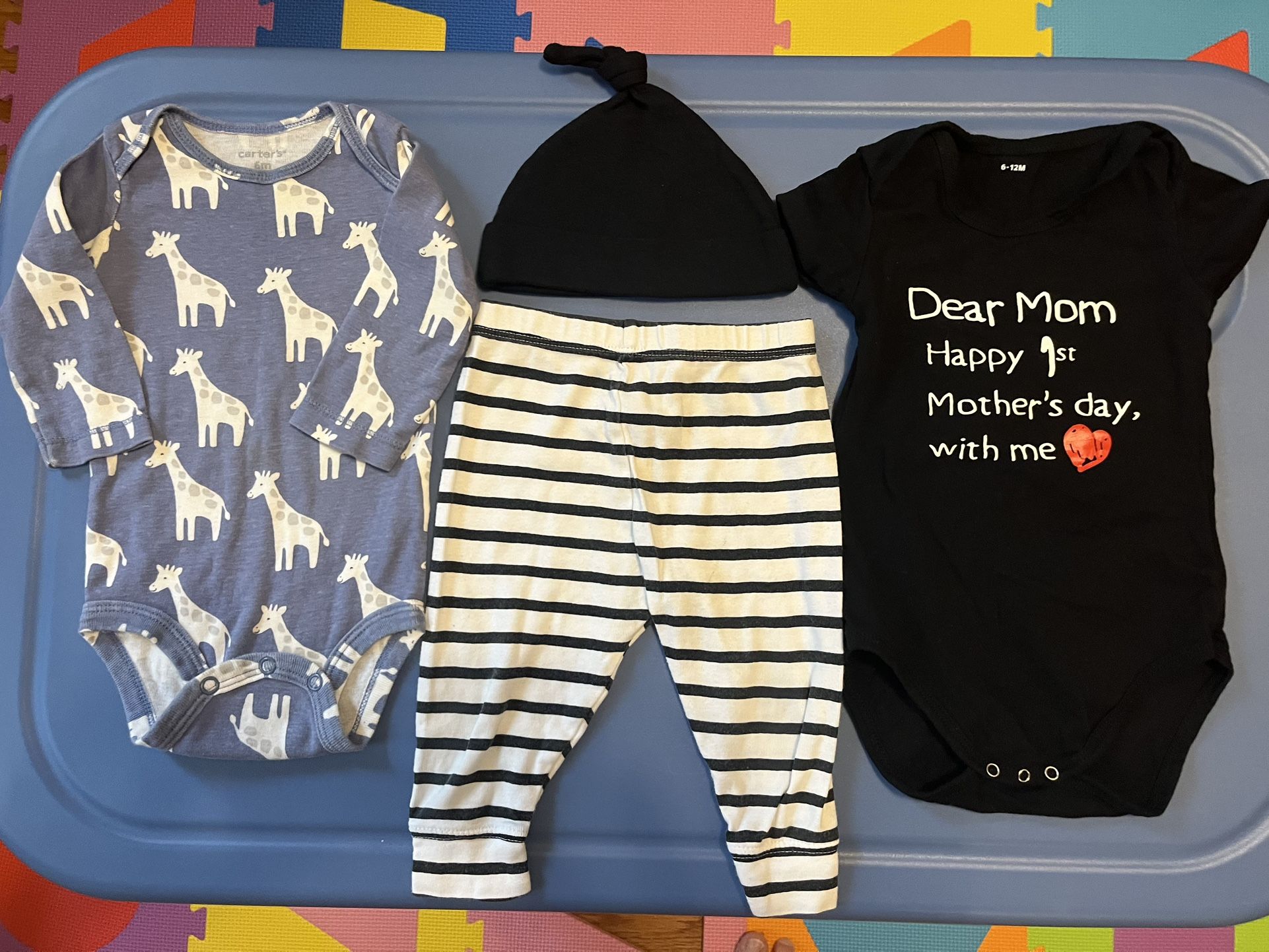 Baby Boy 4-Piece Clothing Set Bundle Mother’s Day Bodysuit Pants Hat Long Sleeve