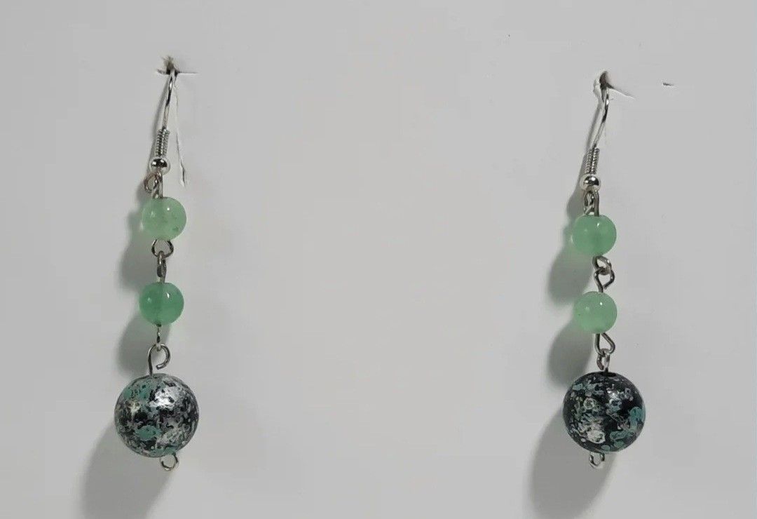 Jade Silver Chain Link Marble Beaded Earrings