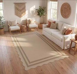 5x7 Scalloped Easy Jute Area Rugs, Tan/Checkered Washable Hallway Runner Non Slip Carpet, Oeko-Tex Certified