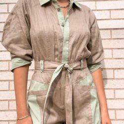 Jonathan Simkhai Aliza poplin-trimmed belted linen utility romper playsuit US 4