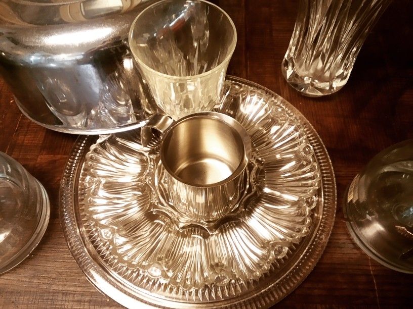Crystal Glass Bowls, Vases, Vintage Cake Saver Chrome Top with Cut Glass Plate
