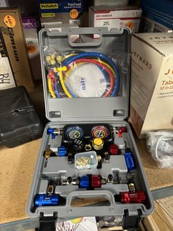OMT AC Manifold Gauge Set with 5ft Hoses for R1234yf R404a R134a, 4 Way Includes Quick Couplers Self Sealing Can Taps for Car Freon Charging & Evacuat