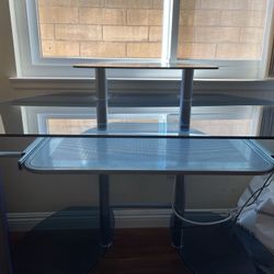 Computer Desk-46" Wide Metal Framed Glass Top Pull-out Tray Excellent - $150 (Fullerton)
