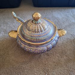 PRICE DROP! Vintage Benjarong Porcelain Thai Rice Bowl w/ Lid And Ladel