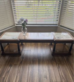 Vintage Weiman Marble Inlay Coffee Table w/ Lower Shelves