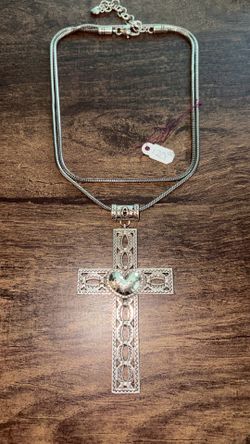 Silver-Toned Heart Cross Necklace with Snake Chain