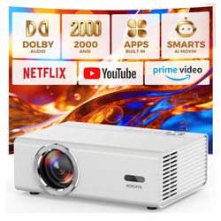 ☆ Smart Projector with WiFi and Bluetooth, Proyector-4K Support Official Licensed Apps, 2000 ANSI/AI Auto Focus/DoIby/HDR10+/Quiet, Kogata Portable In