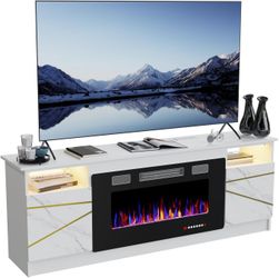 White Fireplace TV Stand for Up to 80" TVs, 36" Electric Fireplace with LED Lights, Charging Station & Removable Shelf, 9mm Birch Plywood Top, 1500W H