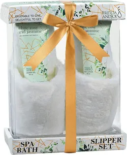 Freida and Joe Spa Bath Slipper Set. Home spa gift set. White Rose & Jasmine